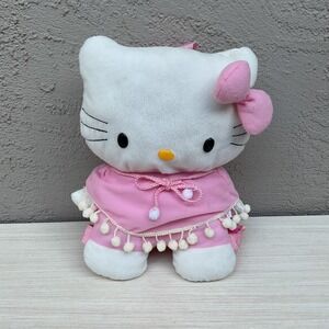 Sanrio Hello Kitty Plush Backpack Pink Poncho Pom Pom Trim 2011 Y2K Bag 10in